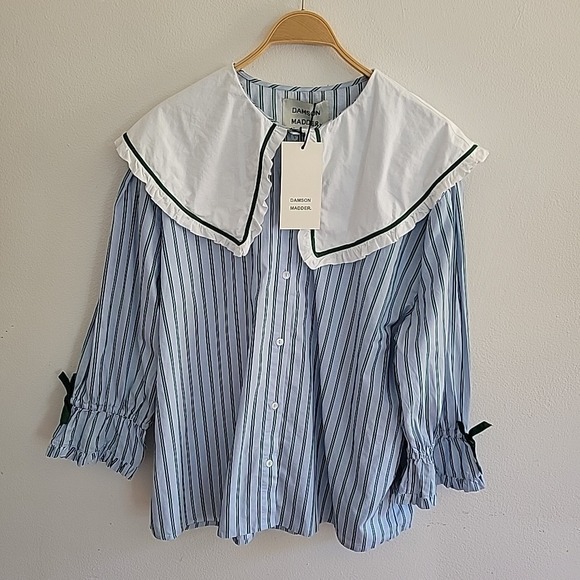 Damson Madder Barbara Steifen Pajama Top 14 Blue Green Stripe Organic Cotton - Picture 8 of 13